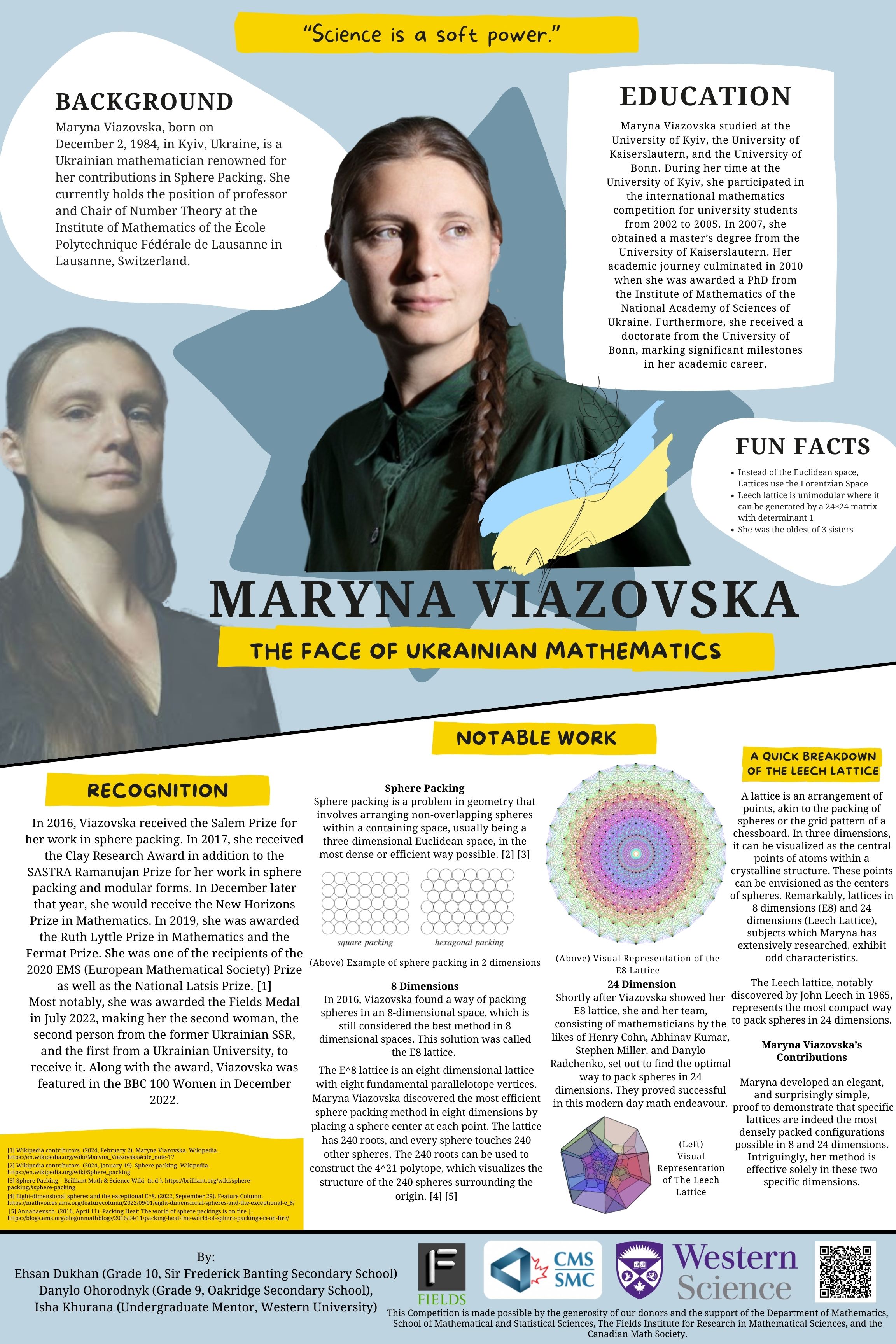 Maryna Viazovska: The Face of Ukrainian Mathematics--Gold Medal Winner project in the category of (women in Math) of 2024 Western Math Exposition Competition
